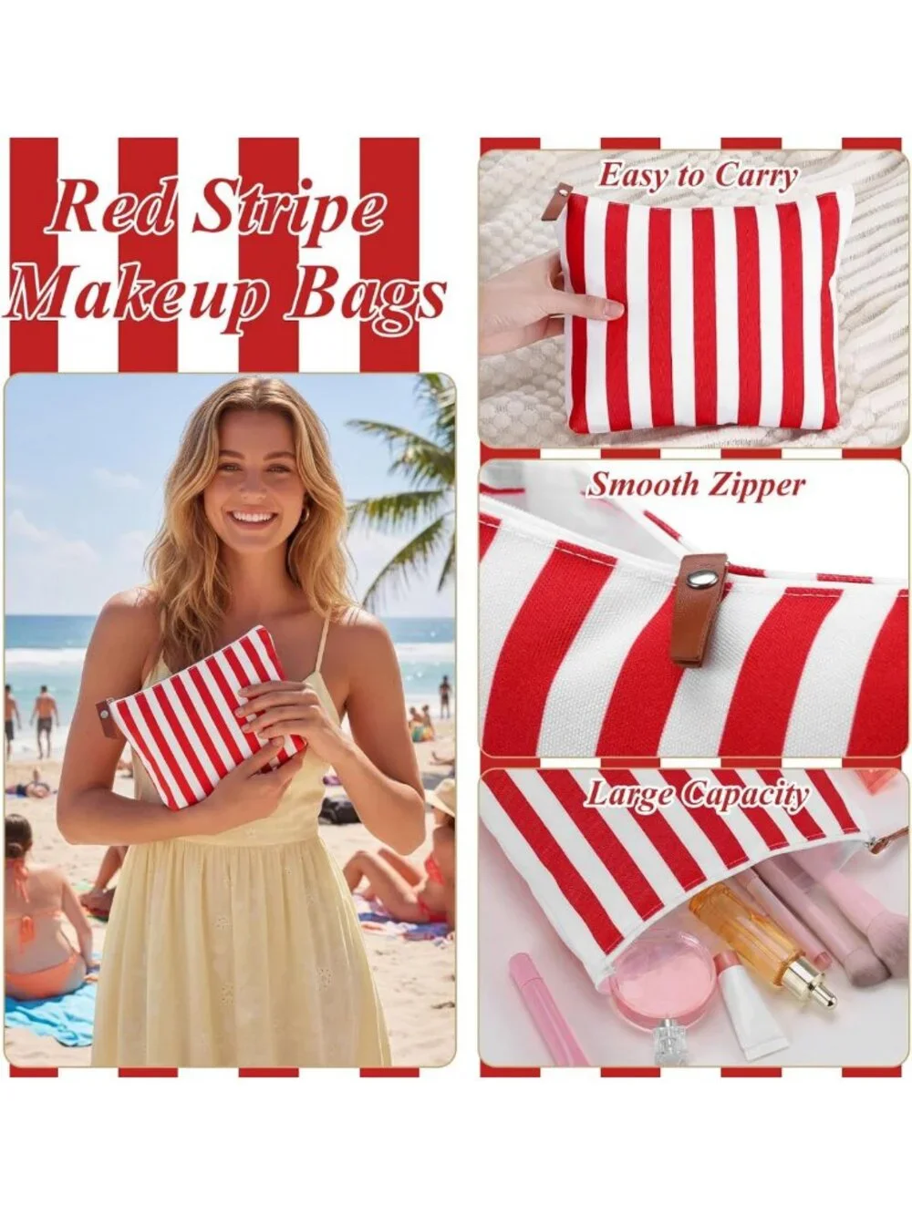 12 Pcs Red Striped Makeup Bags | Canvas Cosmetic Travel Toiletry Organizer Pouch